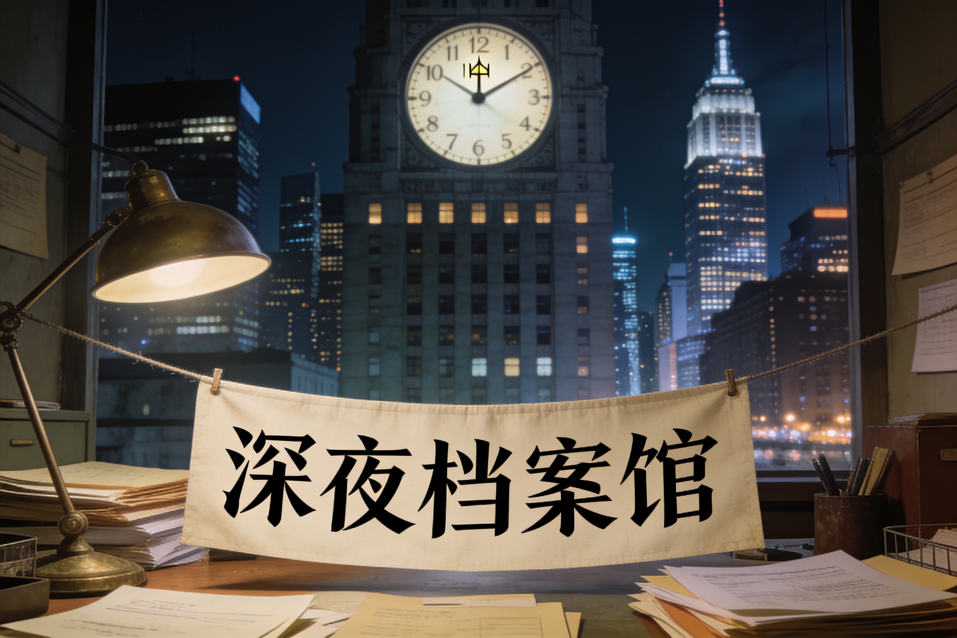 深夜档案馆横幅，展示夜间城市天际线与时钟元素